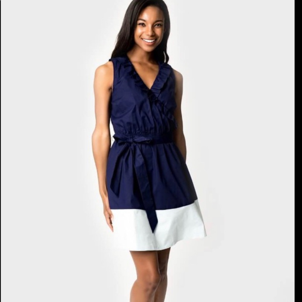 NWT Gibsonlook sleeveless summer ruffle  wrap style  dress. Navy & Turquoise.